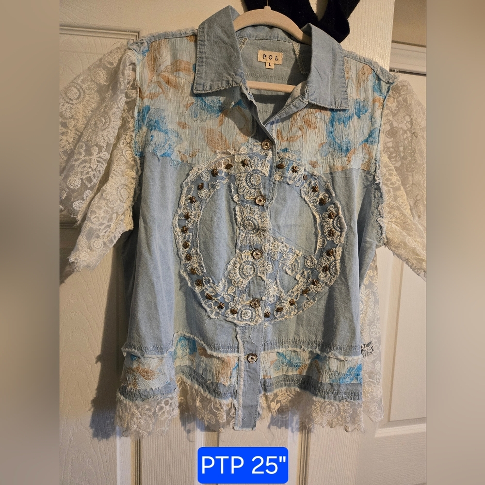 POL Large Peace Denim Lace Top